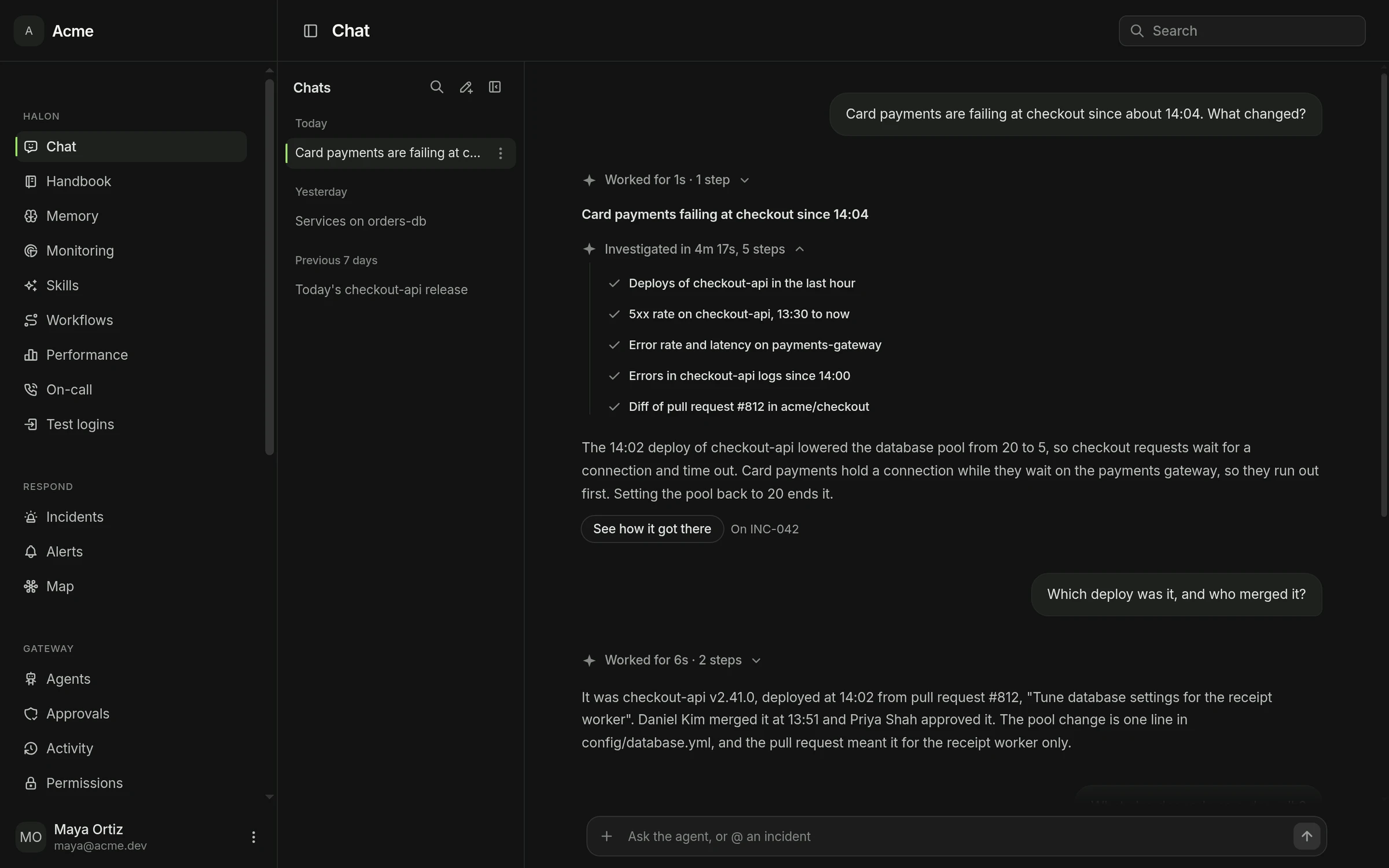 A Halon chat in the Firefight dashboard about INC-042. Asked what changed, Halon names the 14:02 deploy of checkout-api that lowered the database pool from 20 to 5, then says which pull request it came from and who merged it.