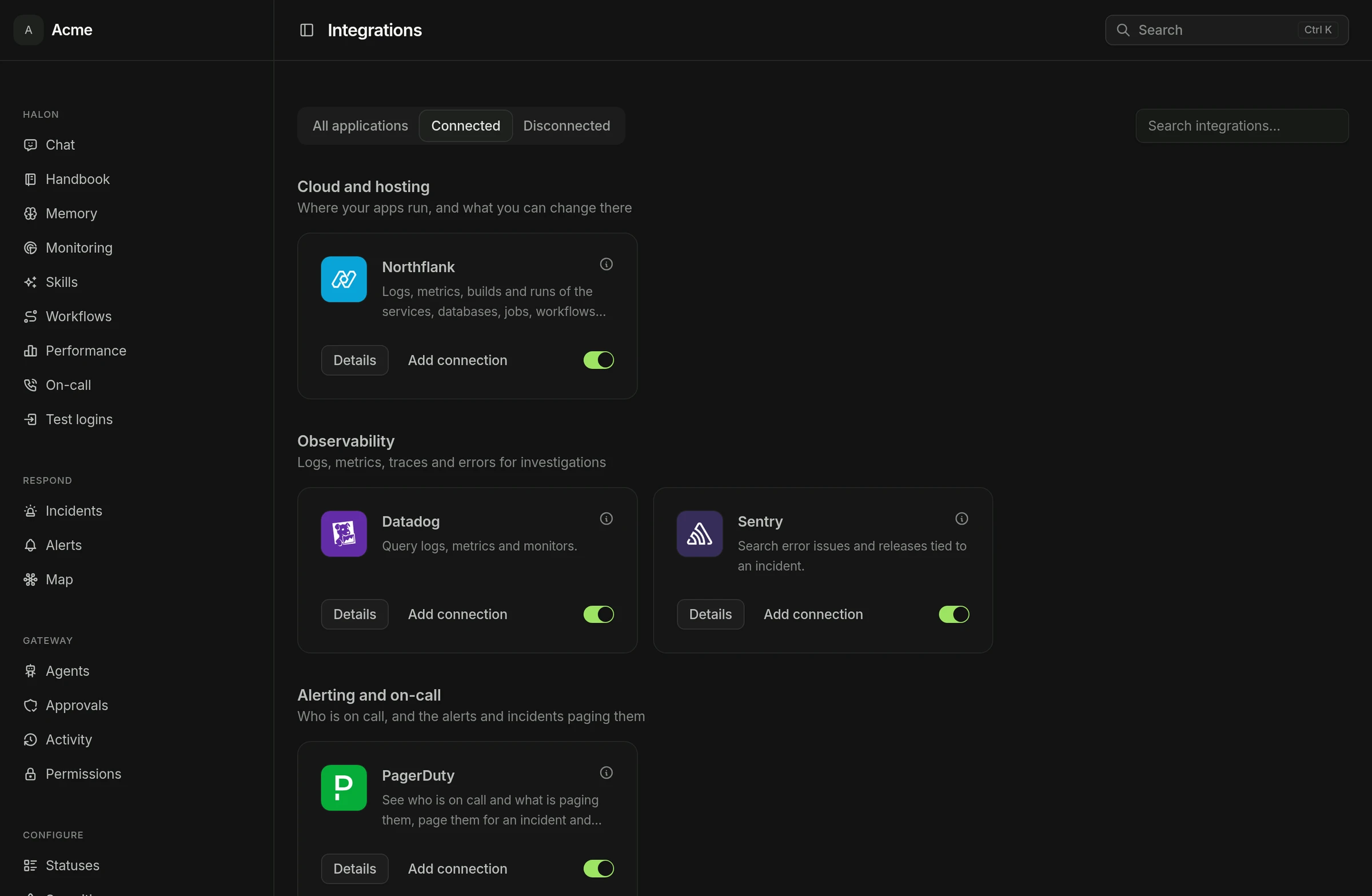 The FireFight Integrations page showing connected tools by category: Northflank for cloud and hosting, Datadog and Sentry for observability and PagerDuty for on-call, each switched on.