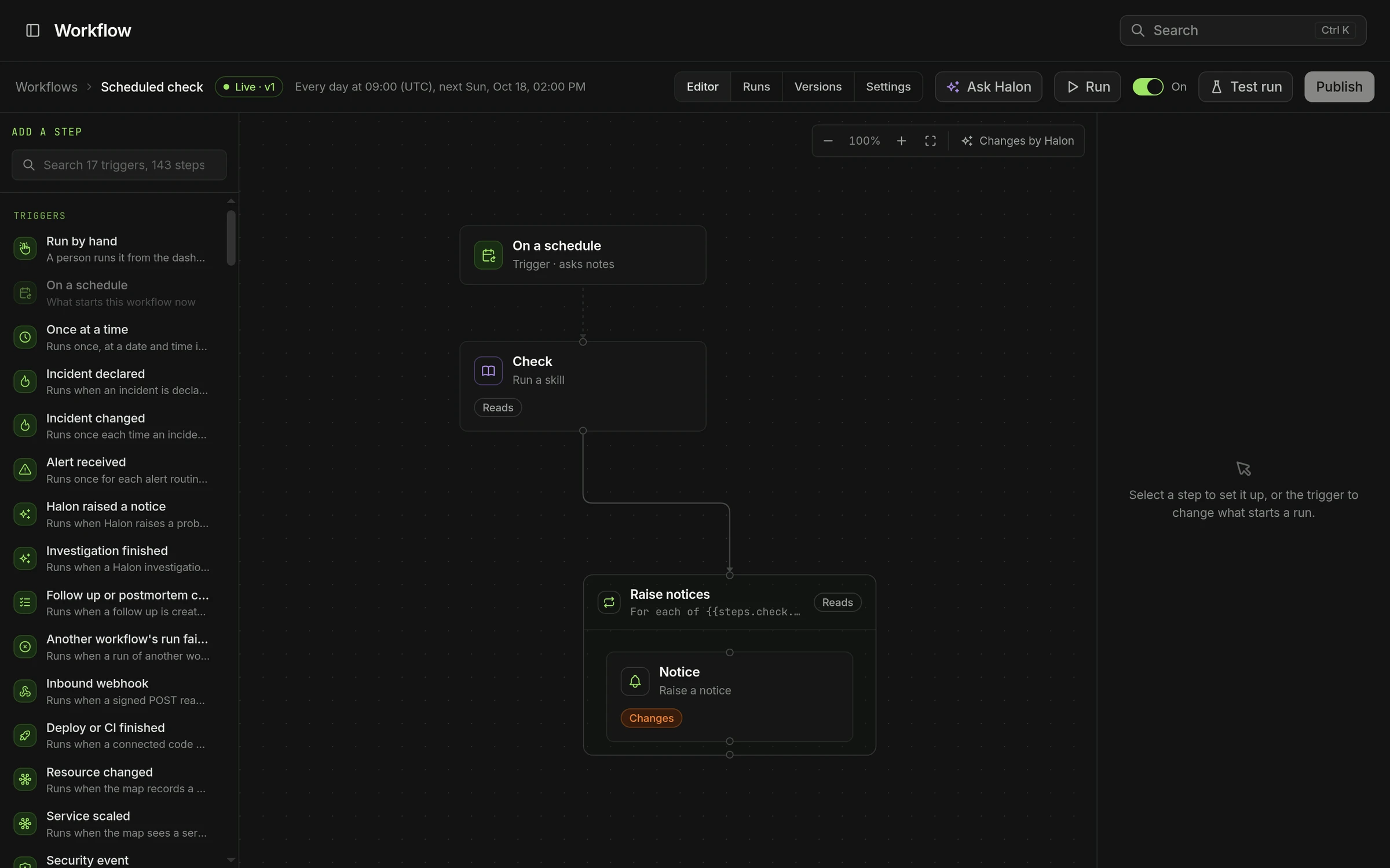 A FireFight workflow on its canvas: a daily schedule triggers a Check step marked Reads, which feeds a Raise notices loop whose Notice step is marked Changes, with the palette of triggers on the left.